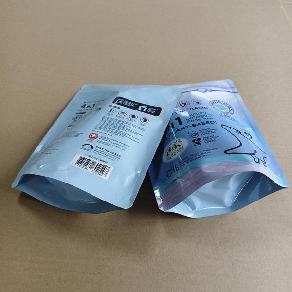 Chemical-Resistant Stand Up Pouches For Laundry Detergent Pods Packaging With Sealed And Custom Printing Function.
