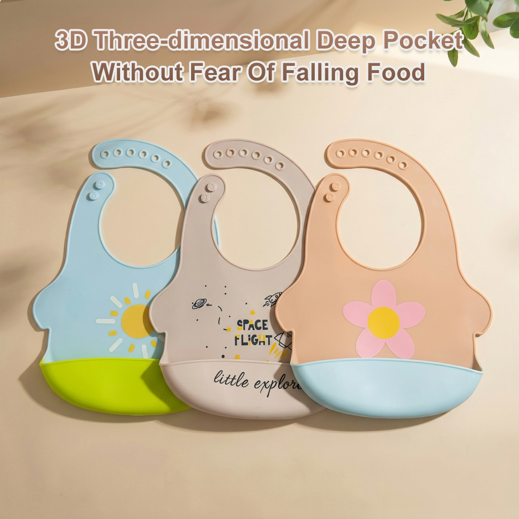 100% Food Grade Silicone Baby Bib Waterproof Soft Adjustable Infant Feeding Bib with Big Pocket Crumb Catcher for Baby