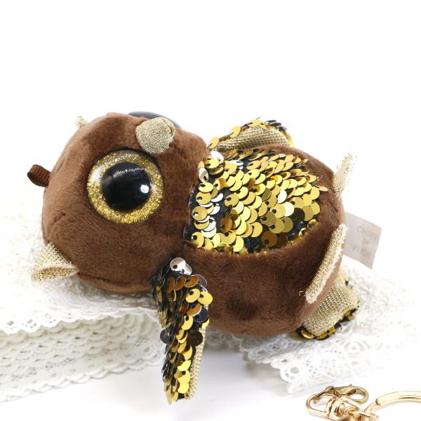 3D Plush Doll Key Chain Brown Embroidered Owl 10cm Inlaid Round Gold Eyes Beads