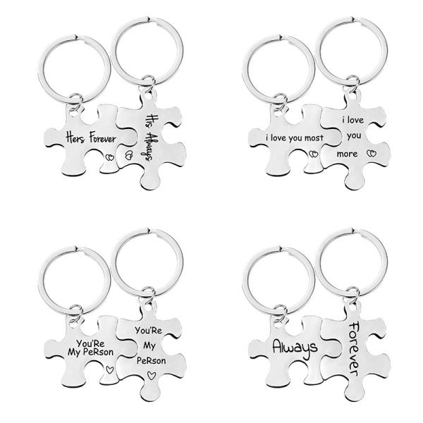Keychain Stainless steel couple puzzle pendant hanging ornament Valentine's Day gift logo words engraved lettering