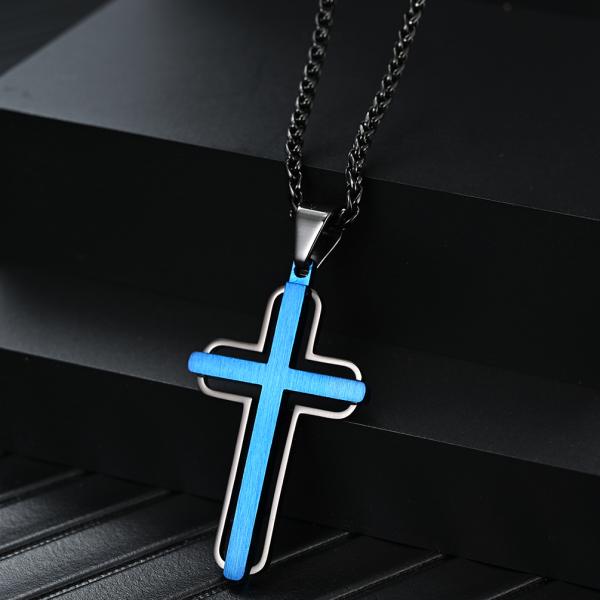 Vente à chaud Croix pendentif bleu et rose or Choker de prière métallique pour hommes Colliers en acier inoxydable Joyaux fin