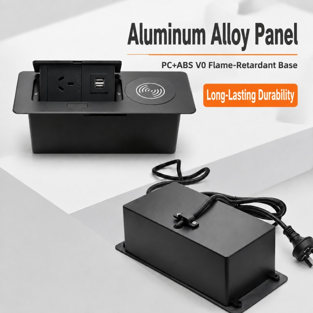 SAA Certified Recessed Pop Up Socket Box with Wireless Charger and Dual USB-A for Desk Power Hub