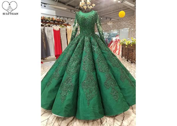 Luxury Heavy Beading Green Satin Prom Dress Perspective Long Sleeve Floor Length