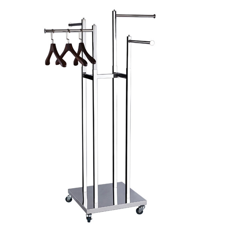 Golden Finish 4 Way Clothing Rack for Customized Size Retail Clothing Display Stand