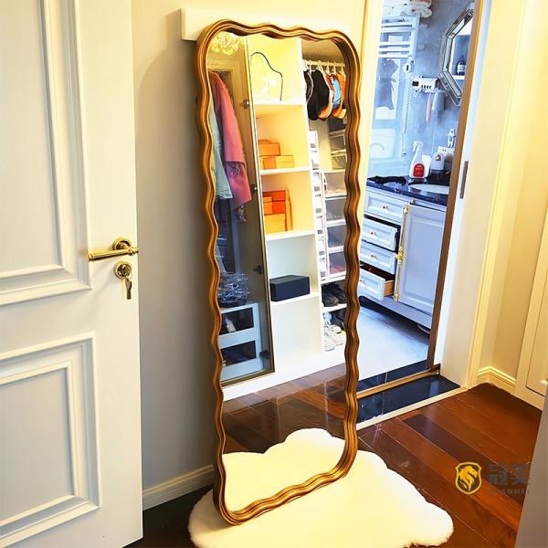 Wavy Beveled Floor Mirror Wood Frame 600mm For Modern Bedroom Decoration