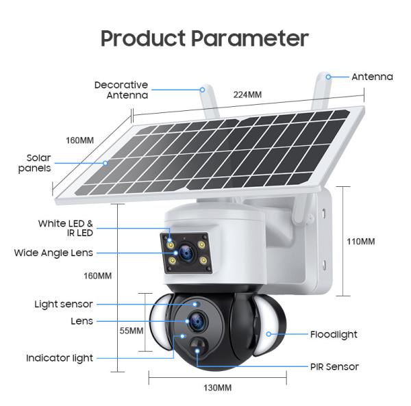6MP Dual Lens Solar Panel Waterproof Surveillance Camera Flash Lights