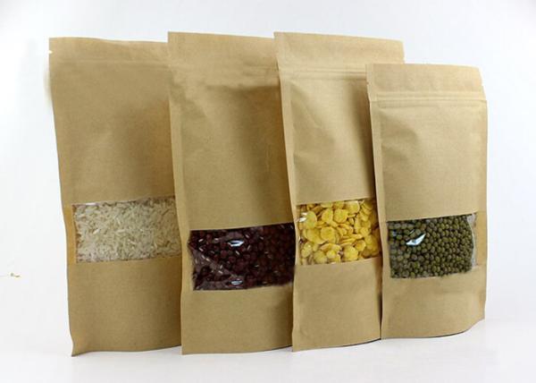 Recyclable 4 Oz Kraft Paper Stand Up Chips Packaging Bags Transparent Window