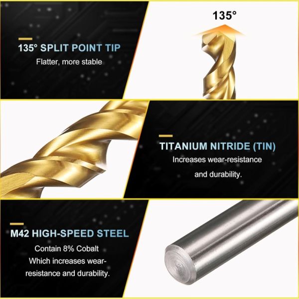 M42 Cobalt Drill Bit Set For Stainless Steel TiN Coated Hss Jobber 135° Split Point