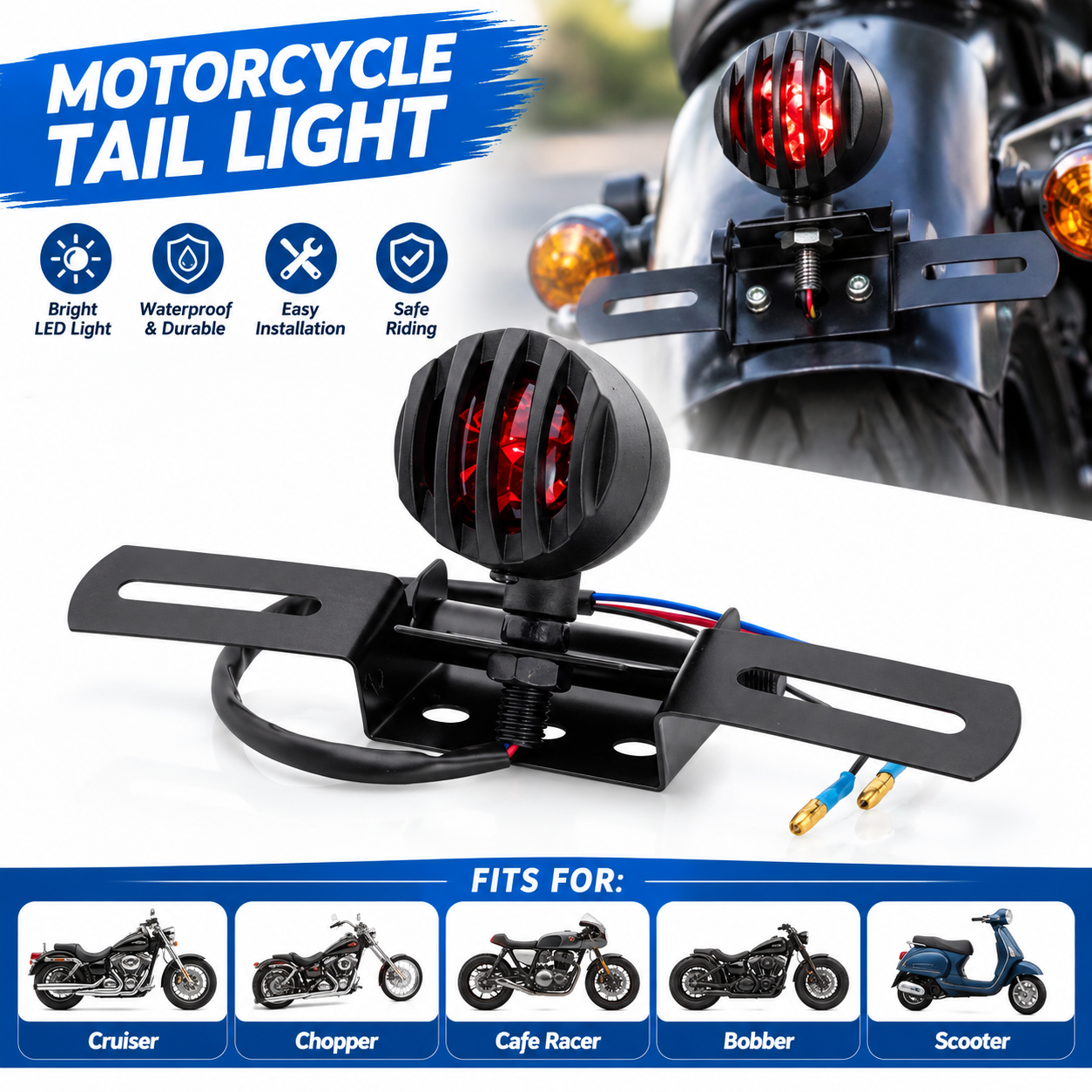 12V Retro Motorcycle LED Tail Light Brake Light Combo Harley Cruiser King Series with License Plate Bracket