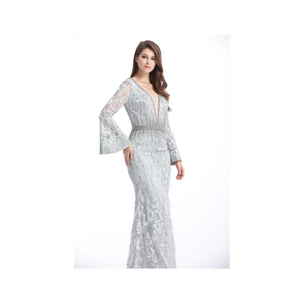 Mandarin Sleeve V Neck Sexy Long Sleeve Lace Formal Dress Floor Length