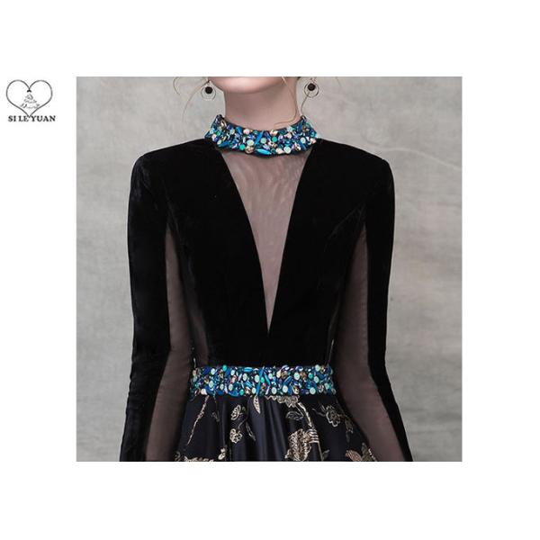 Birds Pattern Black Long Sleeve Ball Gown Blue Diamonds Beaded Back Hollow