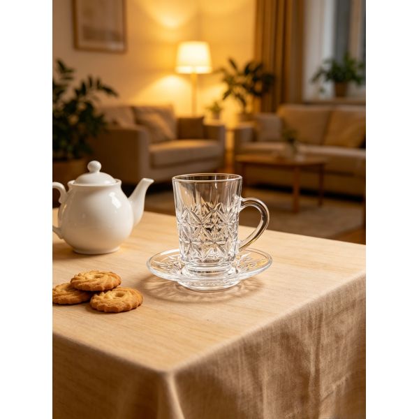 Star Diamond Cut Recyclable Glass Cup & Saucer Set 6 Matching Tea Mugs with Saucers