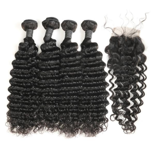Unprocessed Authentic Brazilian Hair Extensions 4 Bundles With 4 * 4 Lace Closure