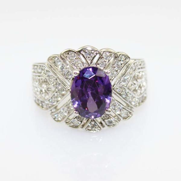 Solid 925 Silver Ring with 7x9mm Oval Created Amethyst Cubic Zirconia(JY037)