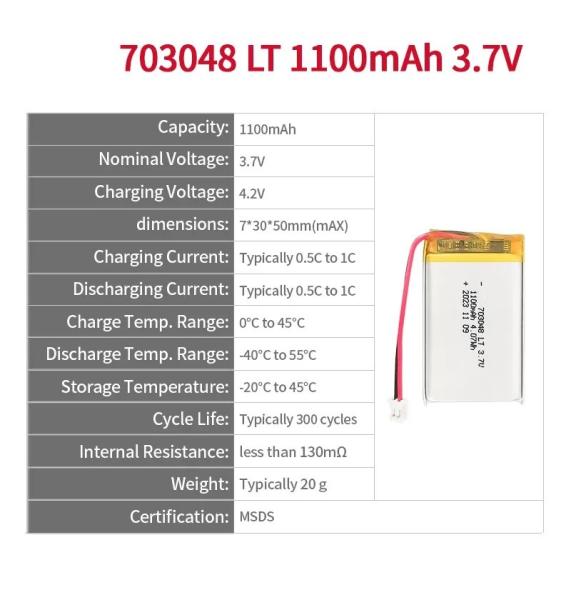 KC IEC62133 Approve 3.7V 1100mAh 703048 Low Temperature Lipo Battery Rechargeable Battery Pack  Li-Polymer Battery