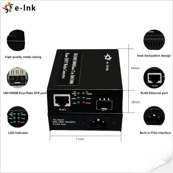 Conversor 10/100/1000BASE-T dos meios da fibra a 100/1000BASE-X SFP construído na fonte de alimentação