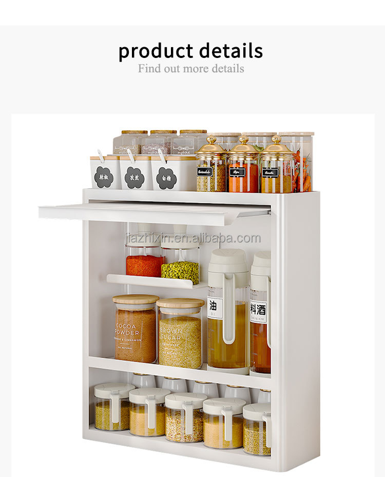 Sliding Door Modern Kitchen Spice Cupboard Rack Countertop 4 Tier Seasoning Jars Organizer Boxs Holder Storage Bottles Shelf
