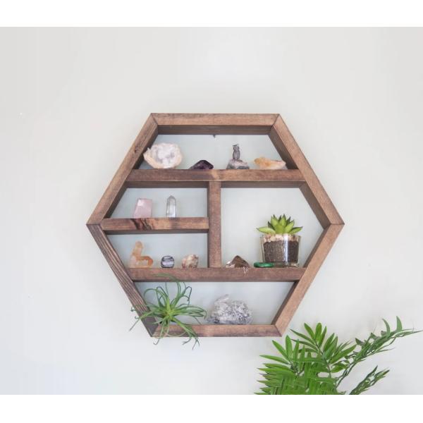 Home Decoration Solid Wood Hexagon Wall Mounted Floating Shelf Wooden Storage Shelves