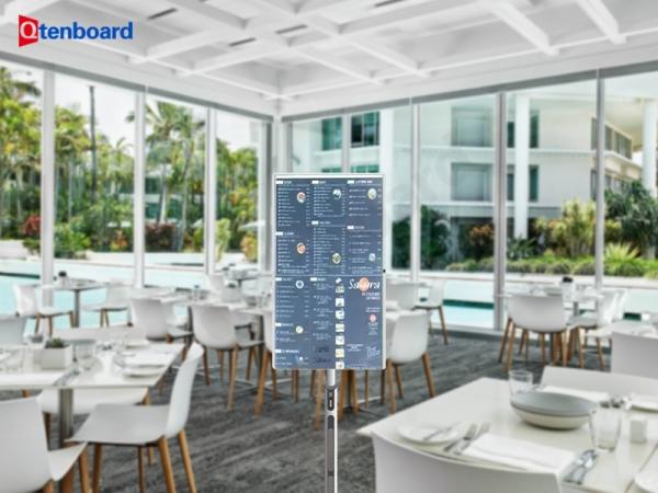 Qtenboard Portable TV Tablet The Next Generation Restaurant Menu Solution with White Cabinet and Multilingual Options