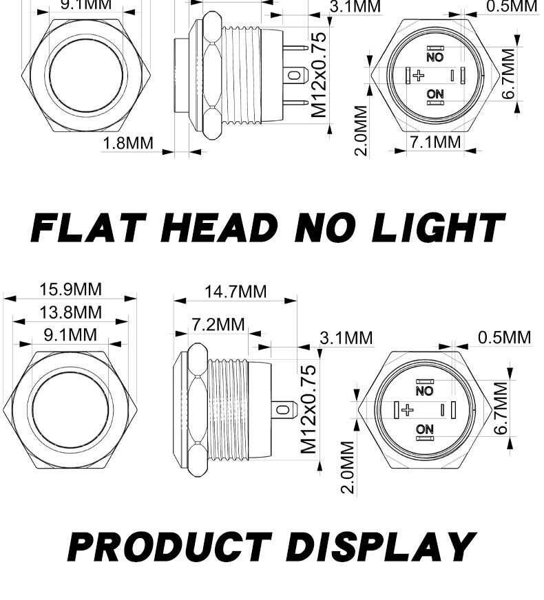 Short-Throw Self-Reset Momentary 12mm LED  Metal Push Button Switch Waterproof IP65
