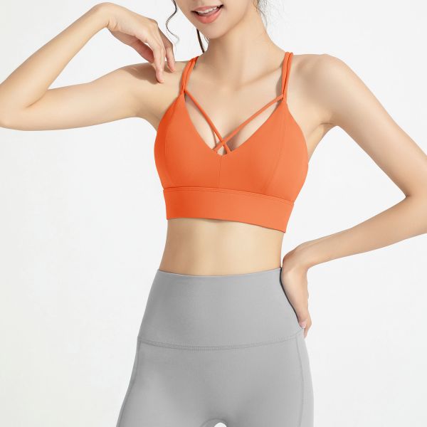 Crisscross Front Sports Bra for Women, Buttery Soft Nylon Spandex, Low Support for Yoga Pilates and Daily Wear, Vibrant Orange Color