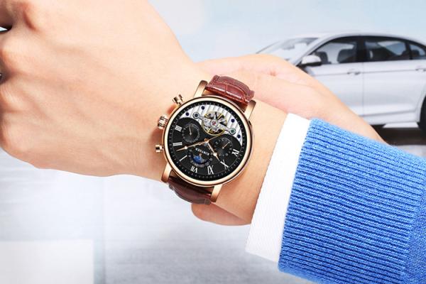KINYUED moon phase skeleton watch tourbillon mens automatic mechanical watch luxury