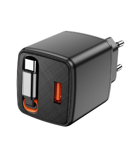 Apoyo OEM Cargador rápido GaN de 30W personalizado con cable USB-C retráctil de voltaje completo 220V-240V Negro