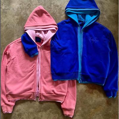 Custom Hoodies Heavy Weight Cotton French Terry Cropped Boxy Double Three Layers Zipper Hoodie for Men