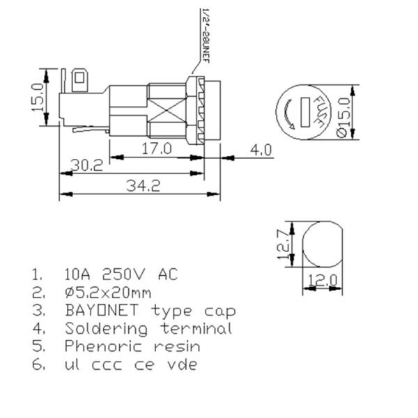 Патроны предохранителя держателя панели крышки H3-11 250V 10A 5.2x20 штифта паяя терминальную феноловую плавкую часть предохранителя