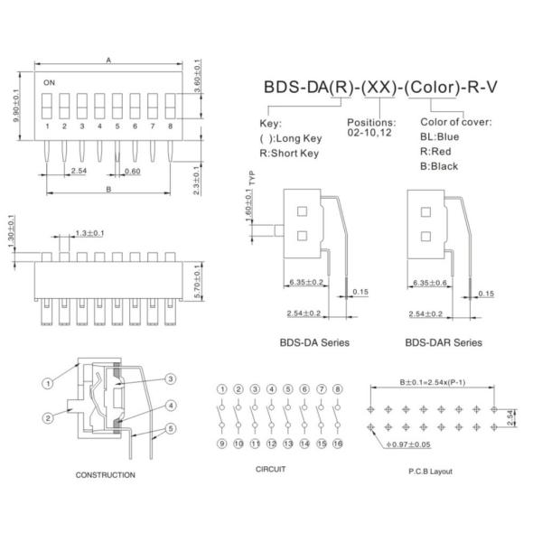 25mA 3 Position Dip Switch , 6 Pin Dip Switch PBT Plastic Base 5,000 Cycles