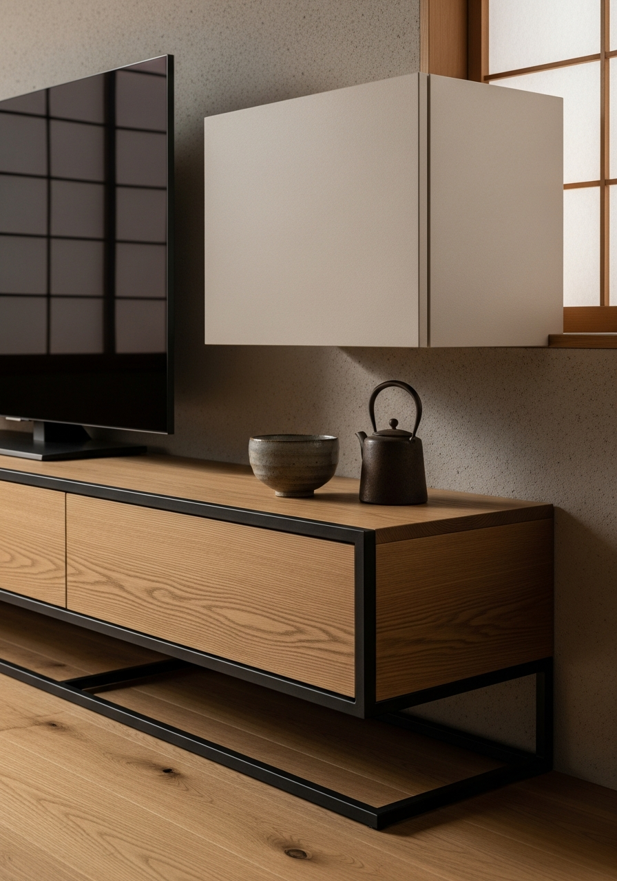 Japandi Oak Media Console with Shoji Screens in 304 Stainless Steel