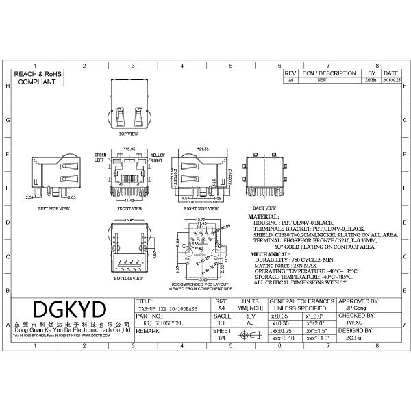 RJ45 network port socket with built-in 100Mbps integrated transformer with light and shielding KRJ-SH105GYENL