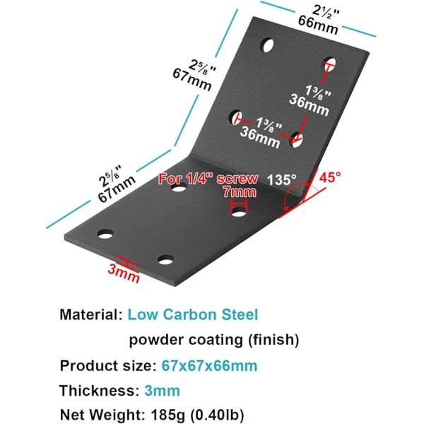  2-1/2 Flush Inside 45 Degree Angle Bracket Plate, Corner Brace Connector for Post and Beam, Fixing Furniture, Thickness 1/8