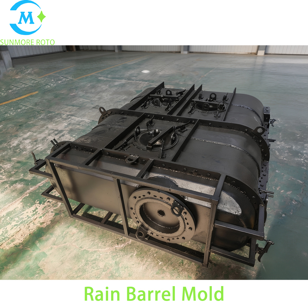 SUNMORE ROTO OEM Drawing Custom Cast Steel Rain Barrel Rotomolding Mould, Hollow Plastic Rainwater Collection Tank Rotational Mold With Integral Lifting Frame & Surrounding Quick Clamps