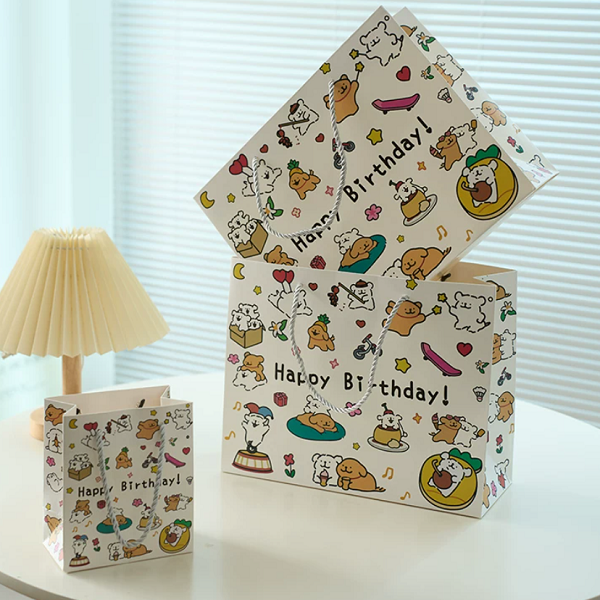 Cute Cartoon Birthday Gift Paper Bags with Twisted Rope Handles