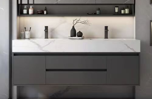 Apartment Solid Surface Black Bathroom Led Mirror Tall Cabinet CAD Design Vanity Combo
