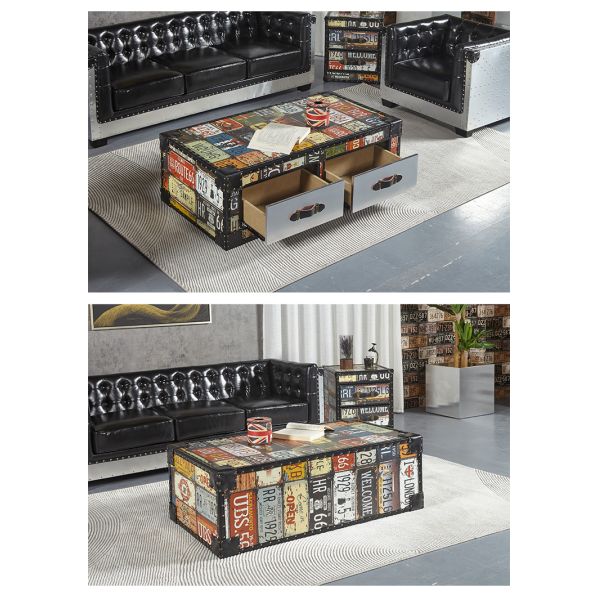Nidea #312 Handcrafted Durable Multi-purpose Vintage Leather Living Room Cabinet with Retro License Plate Design, Featuring Two Drawers.