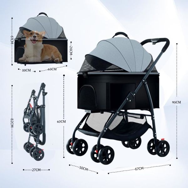 Foldable Pet Stroller Lightweight Portable Travel Dog Cat Stroller with Storage Basket & Safety Brakes