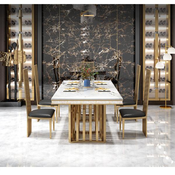Chaises dinantes contemporaines de table de salle à manger de marbre d'effet et d'acier inoxydable des chaises 200cm
