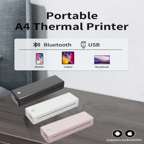 Portable Mini A4 Thermal Printer No Ink Printing for Phone PC Tattoo Transfer Stencil Maker with Thermal Rolls Folded Paper