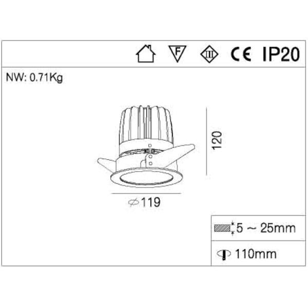 80CRI  IP20 20W LED Recessed Downlight , Citizen COB LED Ceiling Down light