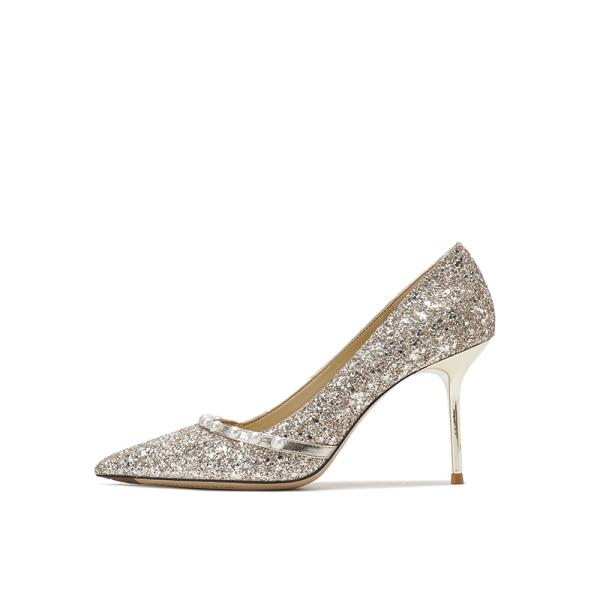 Spring Ladies Wedding Pumps , Sheepskin Golden Shiny Pearl Crystal Shoes
