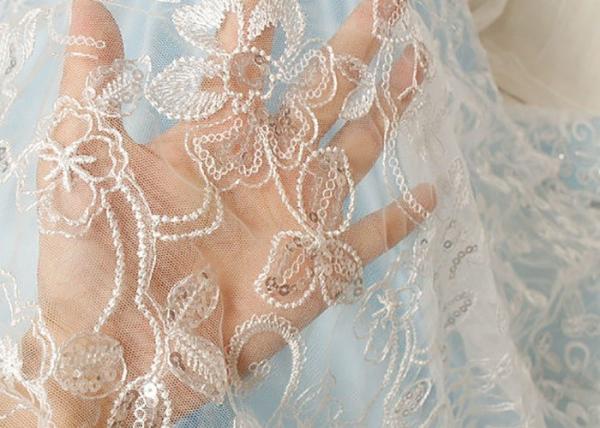 White Floral Embroidery Corded Lace Fabric With Beads And Sequins For Wedding Dress