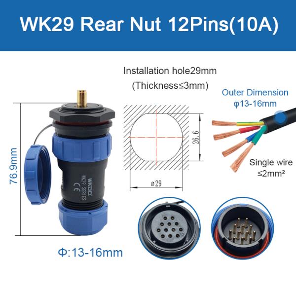 Pin impermeável rosqueado da montagem IP68 Wk29 do painel da tomada do conector do cabo do soquete