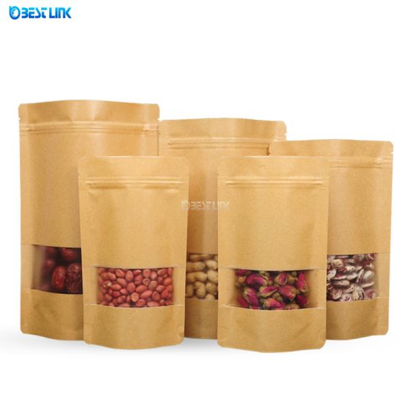 Coffee Packing Standing Pouch Foil Kraft Paper Bags with Clear Window for Food
