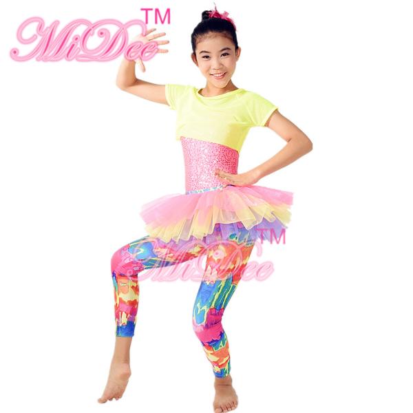Amiable Dance Competition Costumes Yellow Pink T shirt Skirt Tiers Slender Leotard