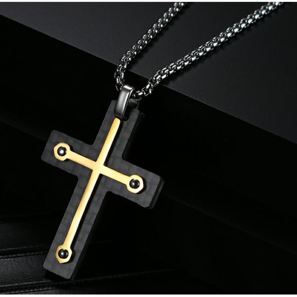 Nuevo colgante de cruz de moda de oro de fibra de carbono negro de oración para hombres collares de acero inoxidable joyas finas
