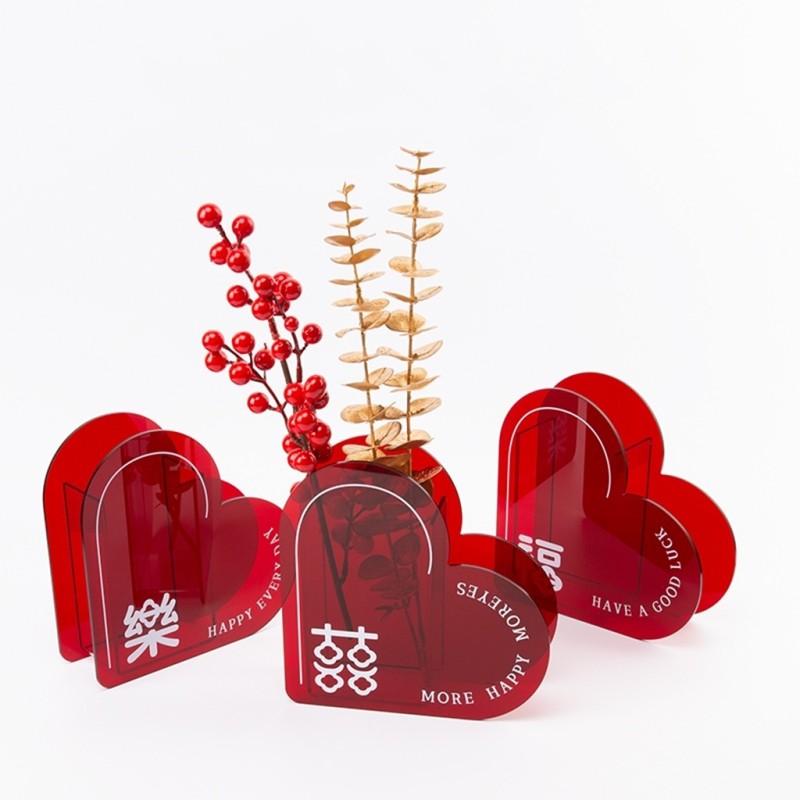 Modern Custom Red Acrylic Heart Vase Rectangle Design for Coffee Table Wedding Gift Injection Technics