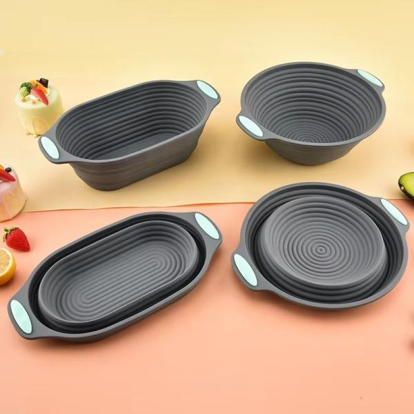 9.5 Inch Food Grade Silicone BPA-Free Banneton Basket Set for Artisan Bread Proofing with Oval & Round Foldable Bowls