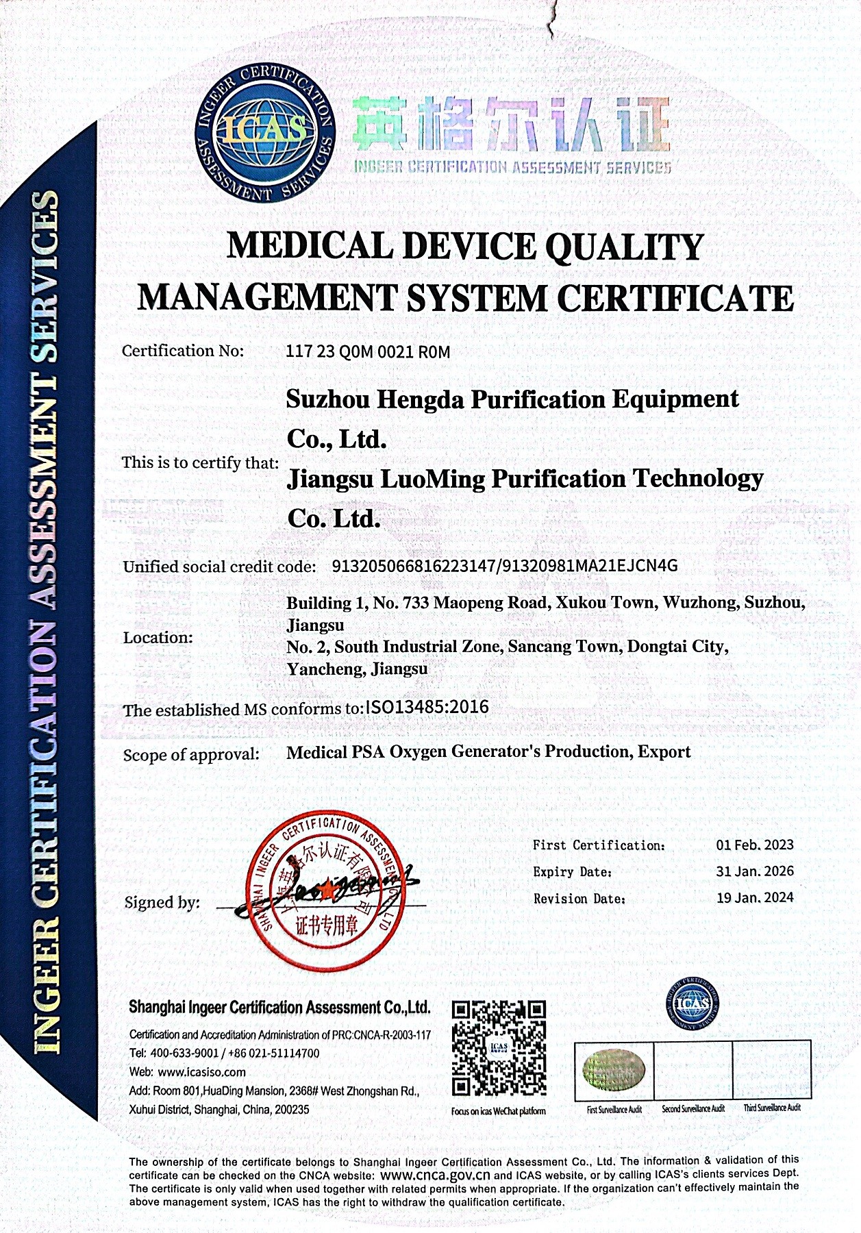 Jiangsu Luoming Purification Technology Co., Ltd. Сертификации
